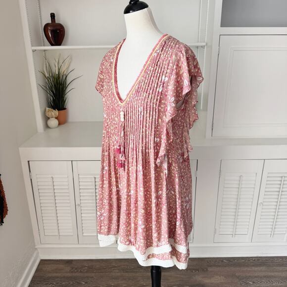 Poupette St. Barth Dusty Pink Floral Crochet Tassel Sasha Mini Dress Size XS - Picture 3 of 7